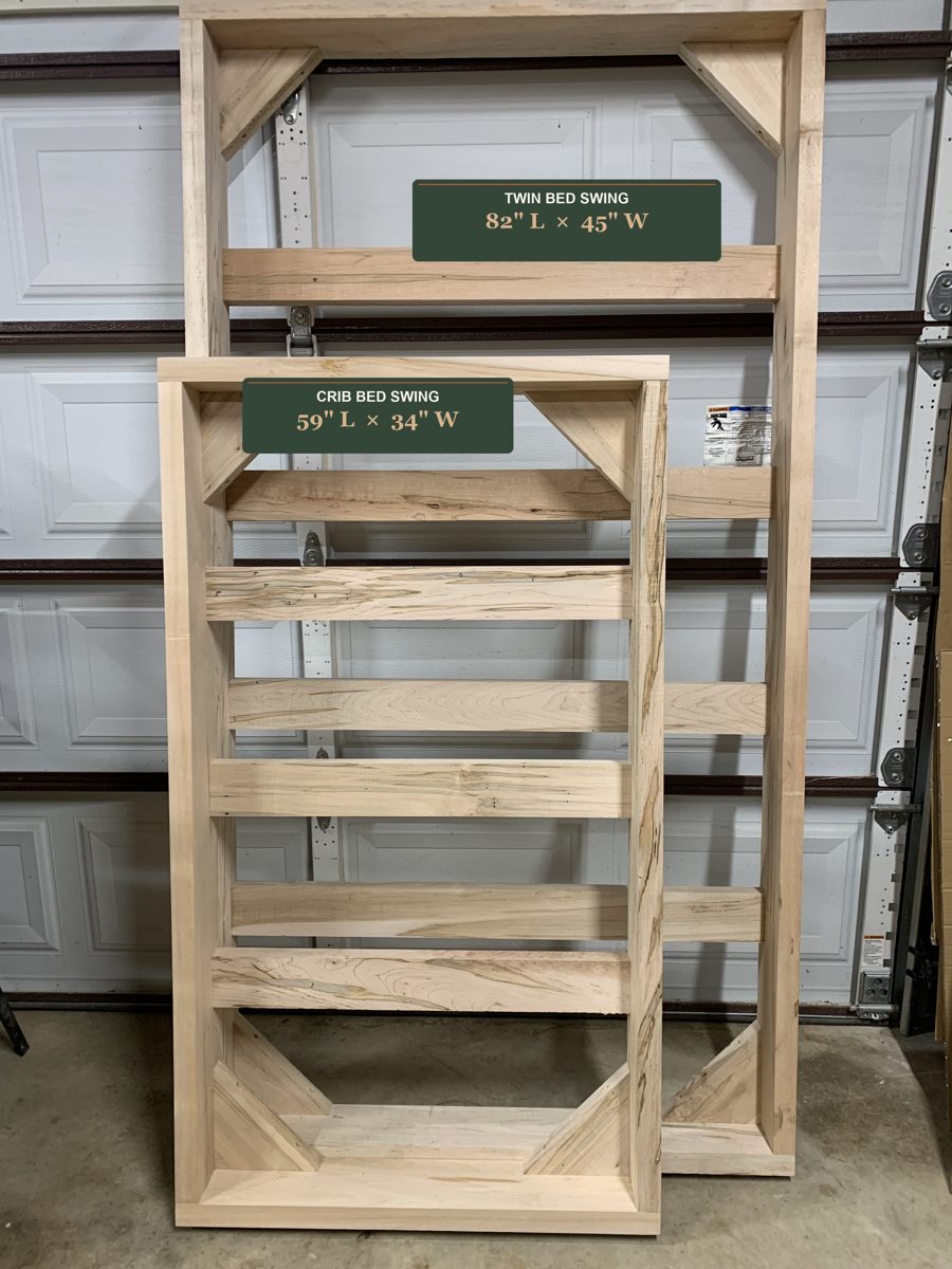 Twin and crib bed swing frames side by side showing their size difference, labeled 82 inches long by 45 inches wide for twin and 59 inches long by 34 inches wide for crib