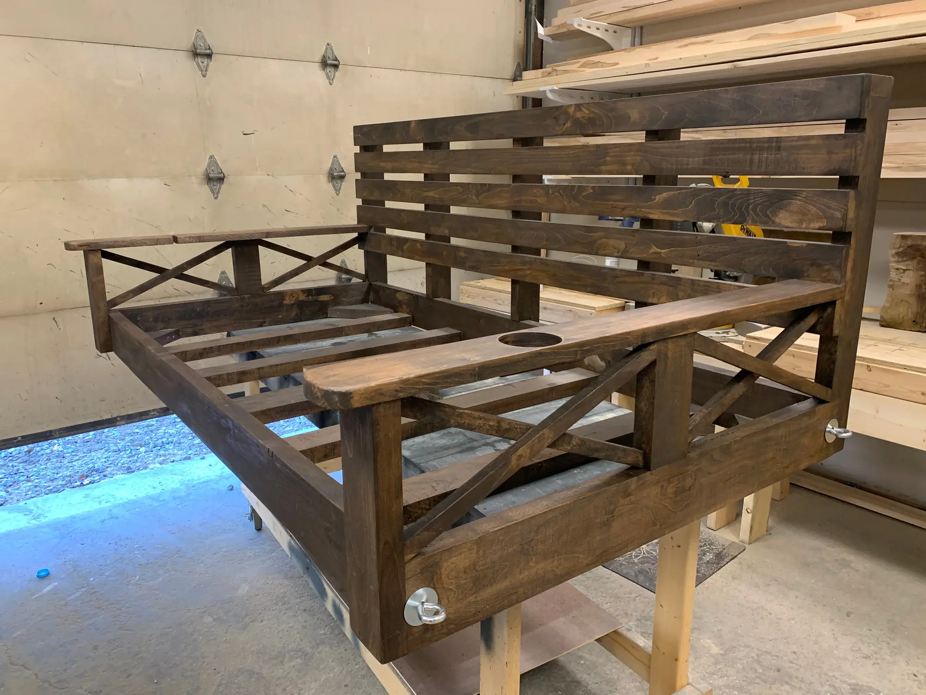 Ambrosia Maple bed swing being built in the workshop